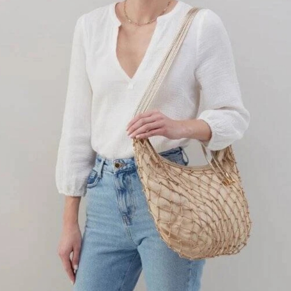 EUC HOBO Kira Shoulder Bag Mystic Gold Leather Macrame W/ Canvas
